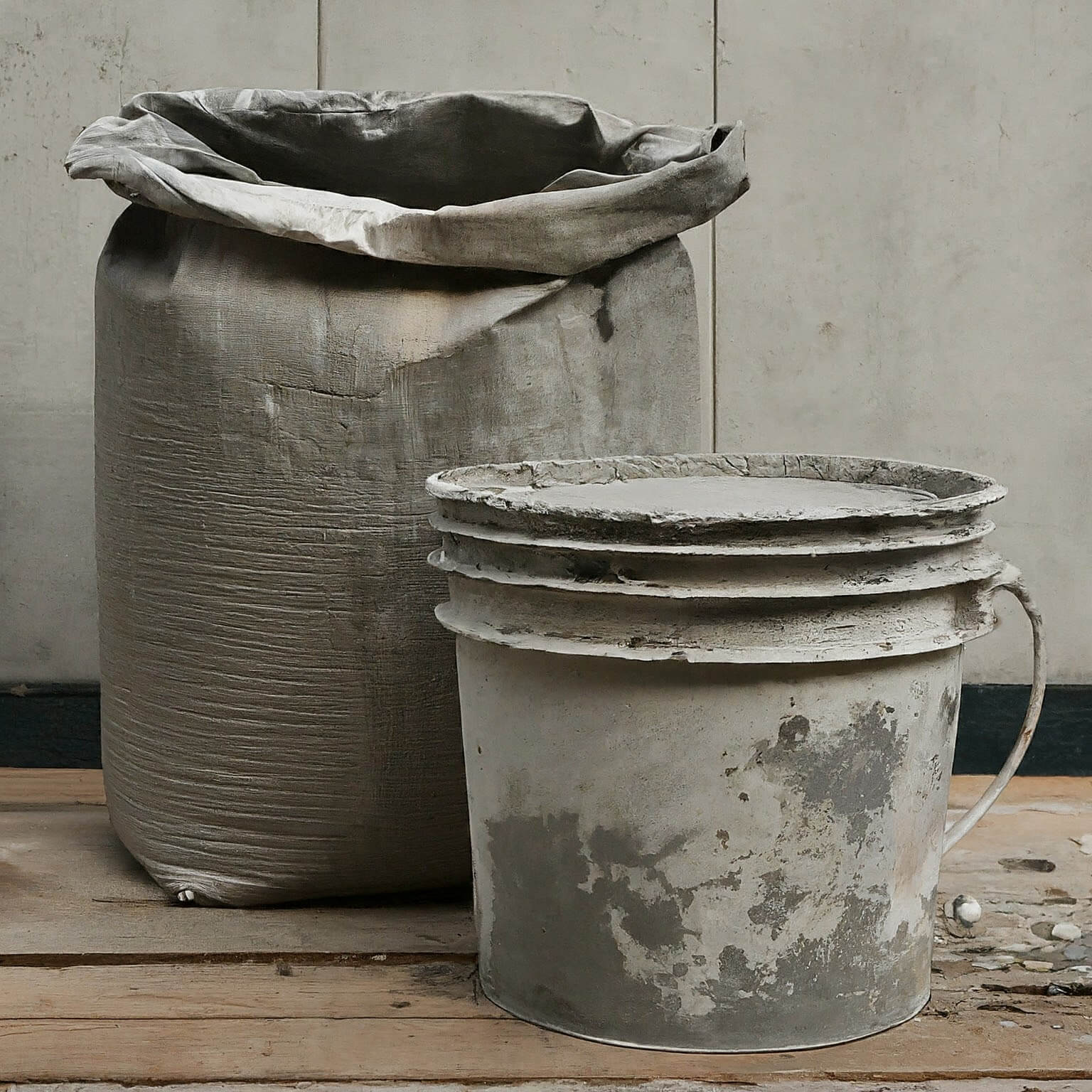 Cement bag and bucket.